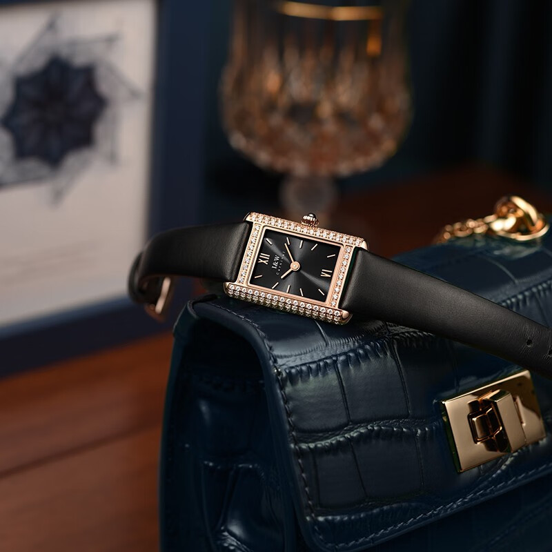 爱沃驰瑞士达芬奇系列经典校园风石英手表女士表七夕生日礼物送女友 玫金壳黑面|黑皮带