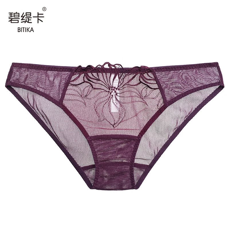 碧缇卡真丝性感透明女士内裤春夏刺绣蕾丝裤头 低腰网纱三角裤 梦幻紫