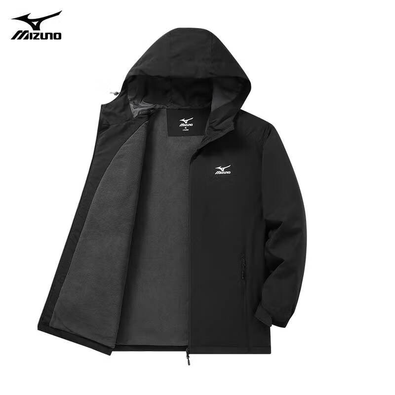 美津浓（MIZUNO）户外夹克男连帽梭织透气情侣锋衣加绒加厚加棉外套男上衣
