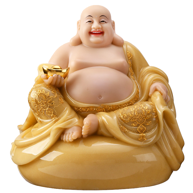 圓通彌勒佛擺件漢白玉黃玉鑲金大肚笑佛彌勒佛像家用客廳招財擺件 12寸/尊