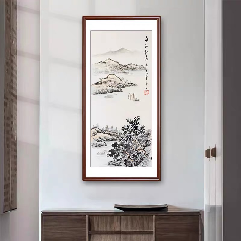 进门玄关山水画水墨画国画竖条屏现代中式客厅沙发背景墙靠山纯手绘