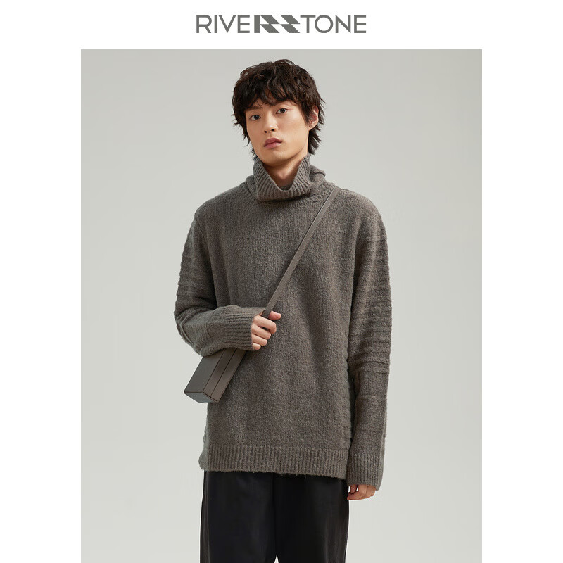riverstone流石男装日系复古高领长袖针织衫男冬季保暖毛衣 卡其色 xs