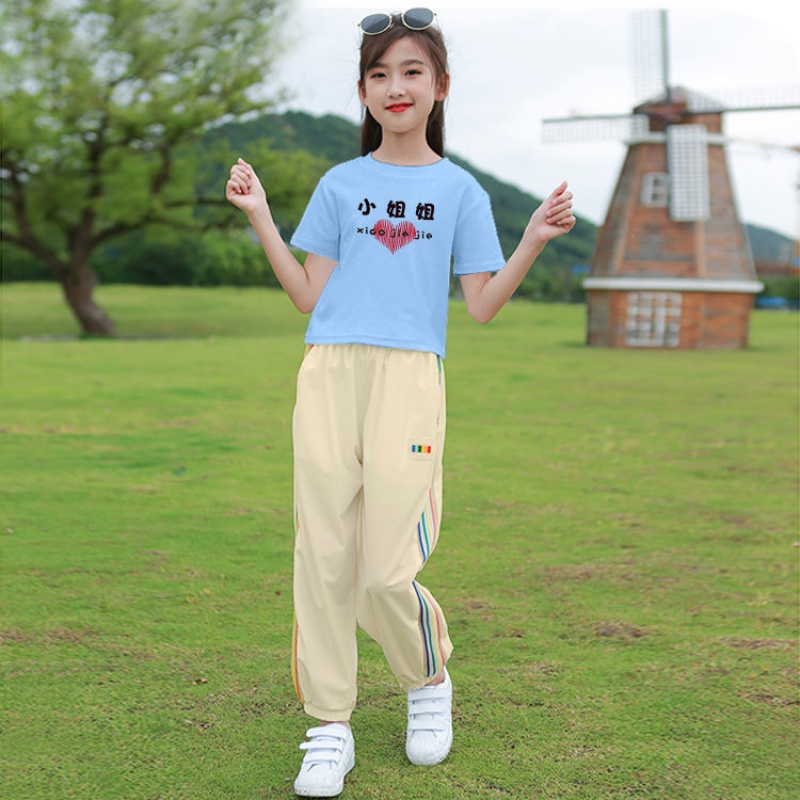 萌恬声女童短袖夏装儿童运动套装9-12岁大童女装小学生t恤长裤两件套