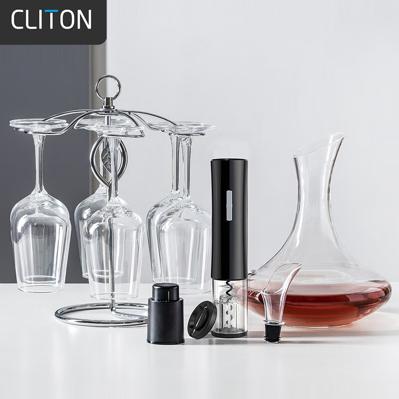 CLITON玻璃红酒杯高脚杯12件酒具套装 家用6葡萄酒杯+醒酒器+电动开瓶器+红酒瓶塞+倒酒器+酒杯架CL-TZ12 F款