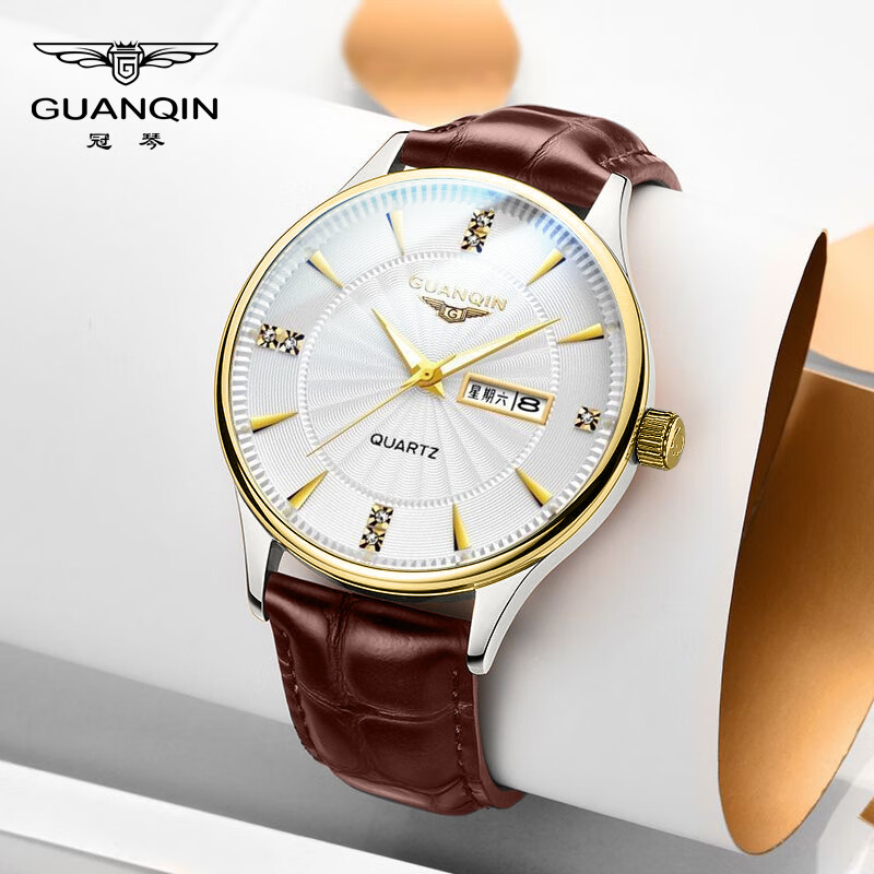 冠琴（GUANQIN）手表男士全自动机械表瑞士品质防水夜光精钢双日历学生多功能腕表 棕皮间金白面（SY款）