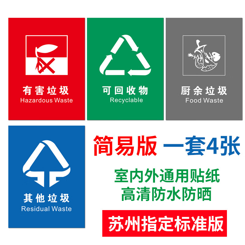 苏州垃圾分类标识贴纸垃圾桶标识贴苏州市垃圾分类标签可回收物厨