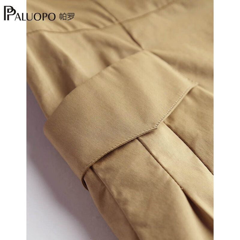 帕罗（PALUOPO）连衣裙短袖衬衫领中长款夏季气质显瘦棉混纺百搭女装新款 卡其 L (165/88A)