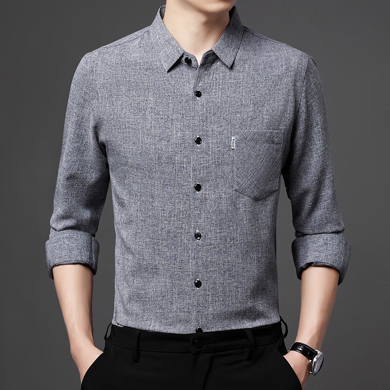 九牧王(joxod)春秋季中年男士衬衫商务休闲衬衫装棉麻带口袋宽松打底