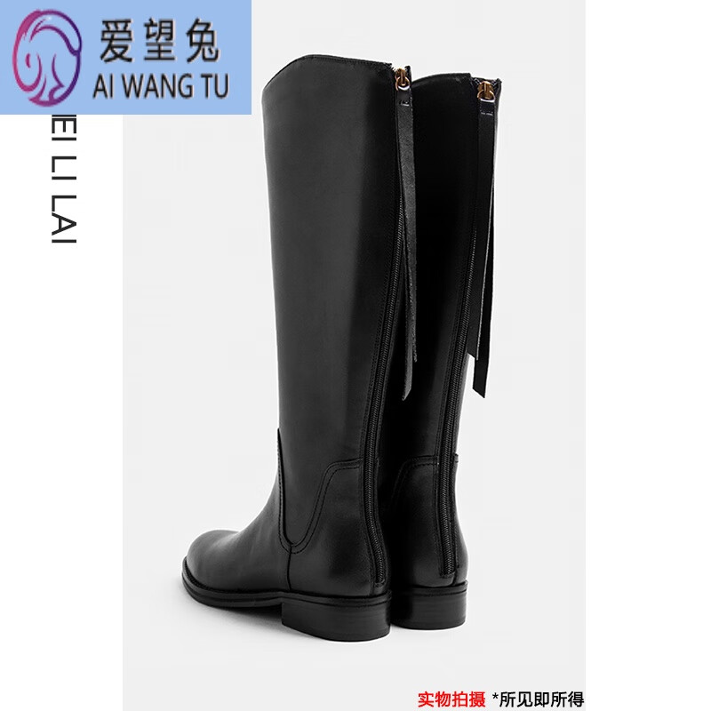 全牛皮高简靴女高筒靴长靴女长筒平跟百搭真皮鞋显瘦骑士靴 黑色全皮