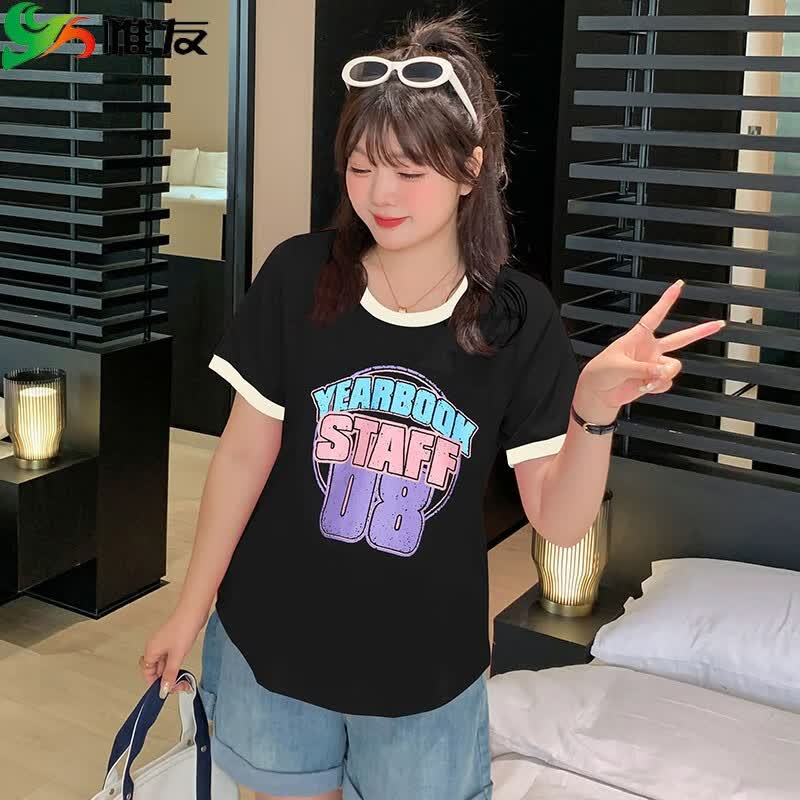 码t恤女胖mm胖妹妹夏装大码女装学院风个性上衣 黑色 p4建议170-190斤