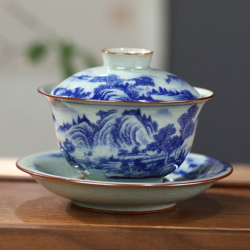 裂均景德镇青花瓷泡茶碗陶瓷盖碗茶杯茶具家用复古三才碗茶备开片可养 江山多娇-老陶泥盖碗