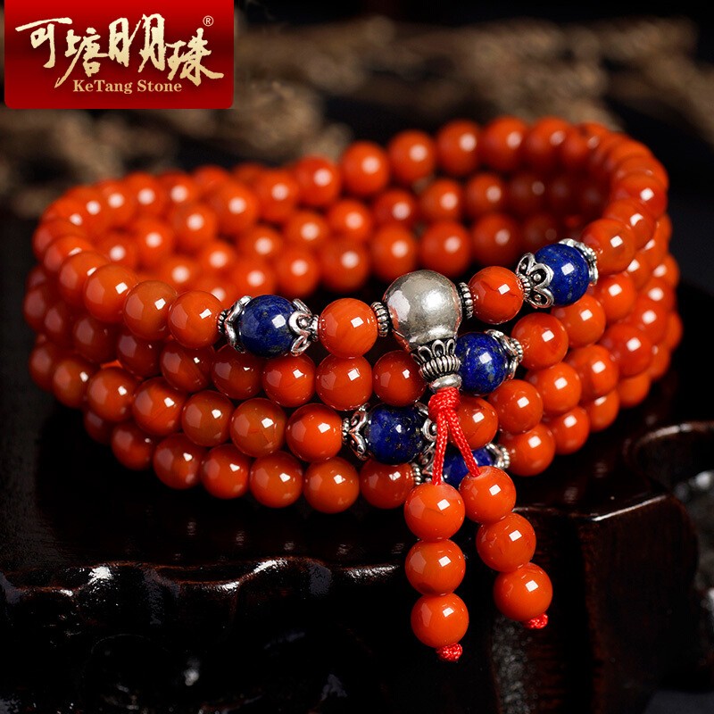 可塘明珠 配珠宝鉴定证书 南红玛瑙手链多圈火焰纹凉山天然满肉108颗