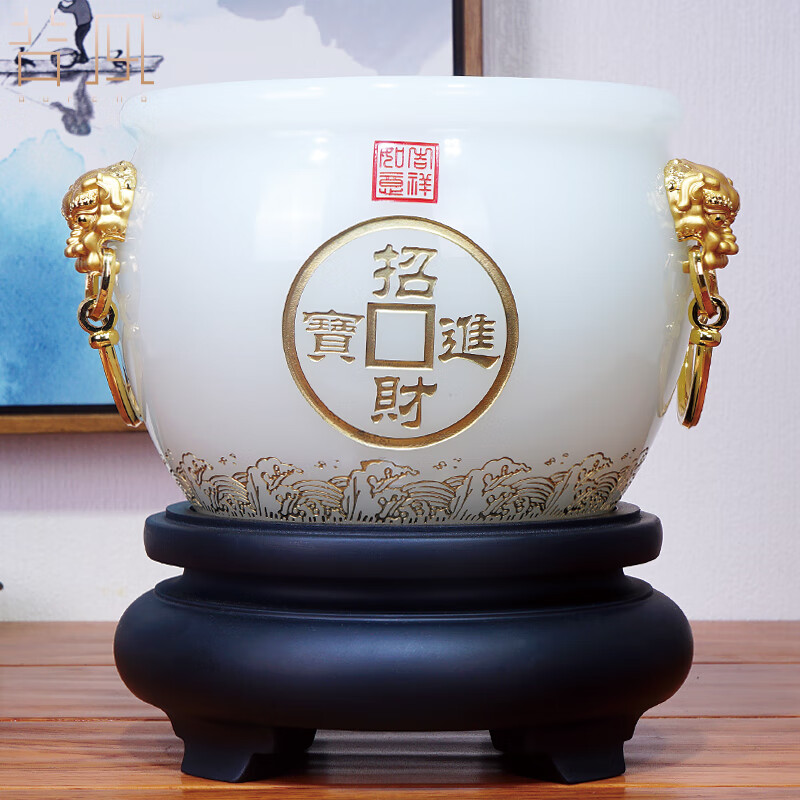 海风堂 聚宝盆摆件 琉璃工艺品 家居客厅装饰品 电视柜玄关中式摆件 办公桌摆设 开业礼物可定制刻字 招财进宝 特大号