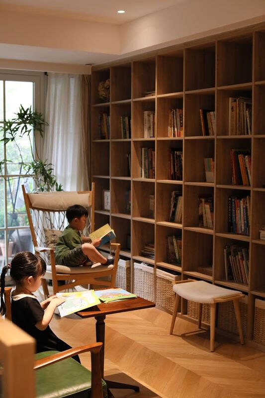 羽俙碧原木整墙定制书架樱桃木落地格子柜日式实木满墙书房书柜定做