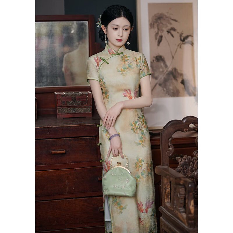 顾眷年旗袍长款2023新款中式民国风连衣裙优雅古典气质旗袍春夏日常可