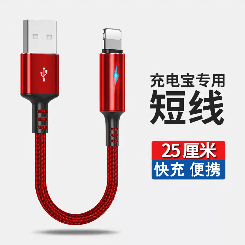 品奈优适用苹果数据线短款25厘米iPhone13/12/11pro/XsMax/8plus/7/6s手机充电线短线便携带灯 幸运红 0.25米丨适用苹果USB快充	