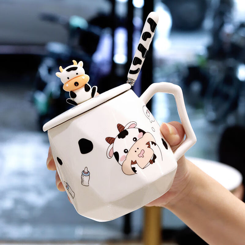 萌卡通奶牛陶瓷马克杯家用办公水杯男女杯早餐杯耐高温杯子 奶瓶牛杯