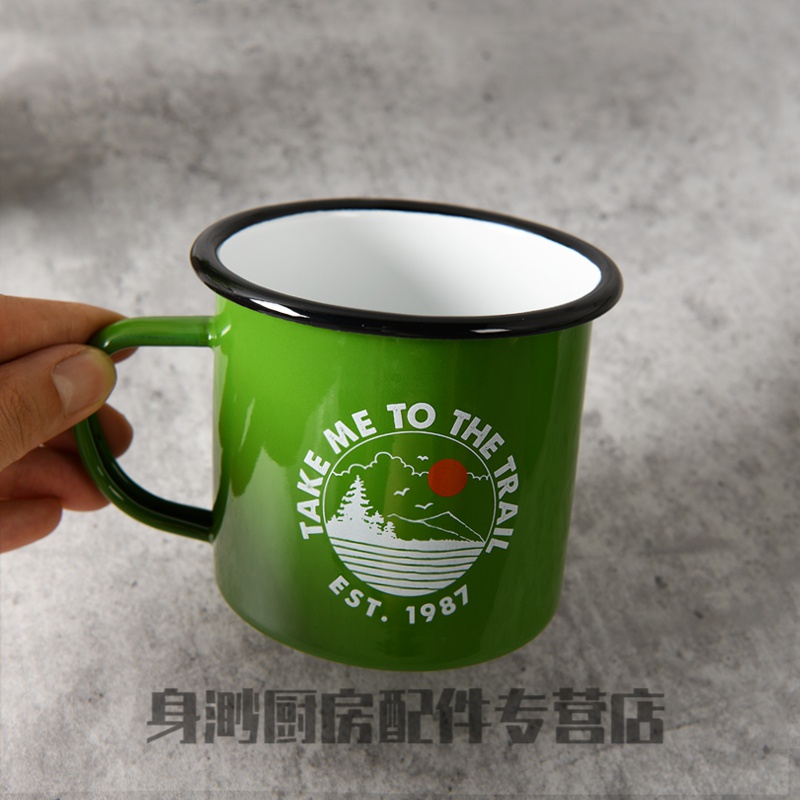 杯 搪瓷缸出口欧美精美复古风珐琅搪瓷杯户外旅行野营茶 10cm绿色图案