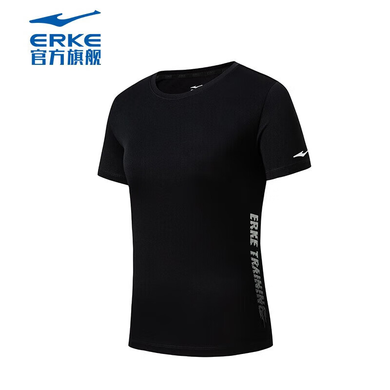 鸿星尔克（ERKE）运动短袖女2023新款夏季冰感速干T恤女士吸湿排汗运动上衣瑜伽服 正黑 M