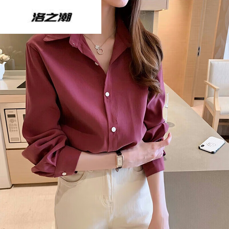 洛之潮寬松大碼襯衫女長(zhǎng)袖薄款夏季加肥加大襯衣雪紡女韓版季女裝上衣優(yōu) 酒紅色 S 75-90斤