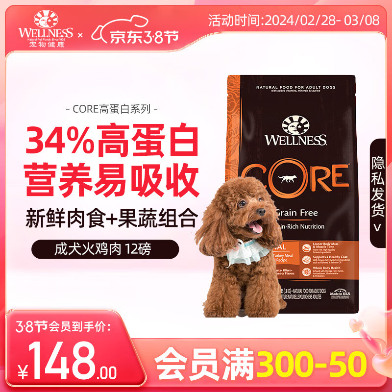 WELLNESS宠物健康美国原装进口犬粮 core系列无谷狗粮 高蛋白 成犬火鸡肉5.4KG 效期24年7月