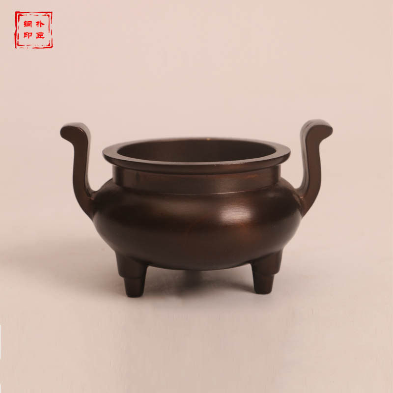 仿古香炉大号小号供奉佛具铜香炉纯铜家用供奉佛堂三足香炉 紫铜双耳
