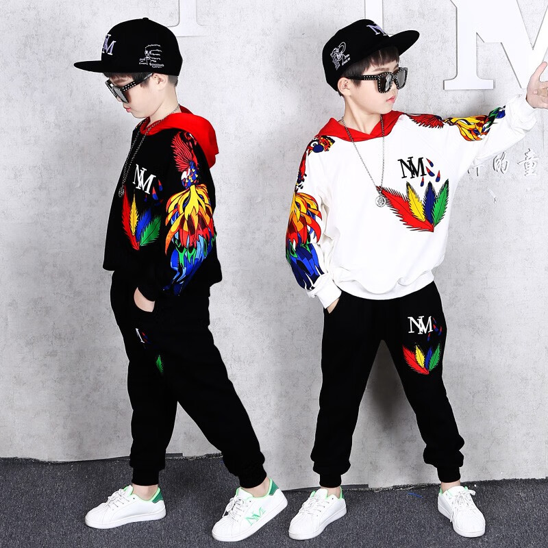 宇龙童话男童秋装卫衣儿童帅气套装韩版宽松中大童秋款潮童装两件套 黑色春秋装(衣服+裤子) 180 码建议身高1.7米左右