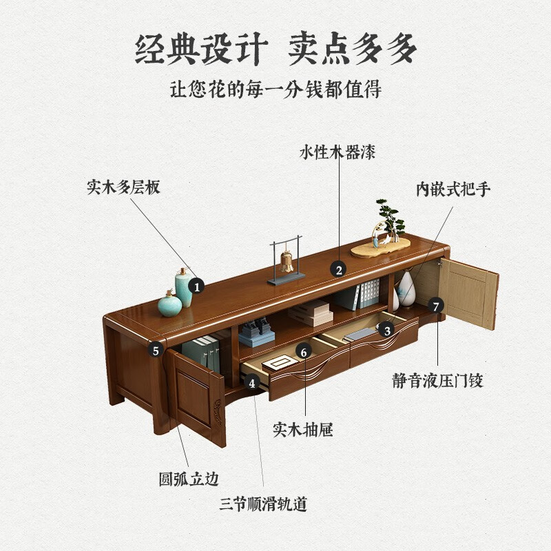 电视柜 实木落地茶几组合简约大小客厅抽屉电视机组合柜 1.