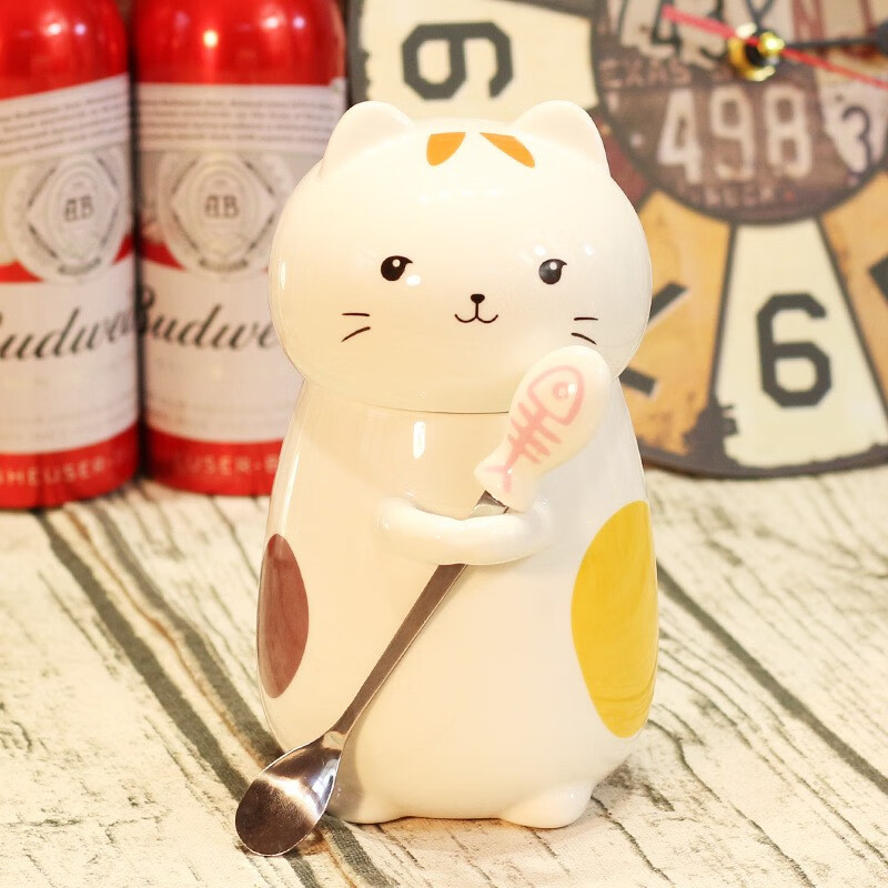 钢盾可爱卡通猫咪陶瓷杯子带盖勺大肚马克杯大容量创意水杯情侣咖啡杯