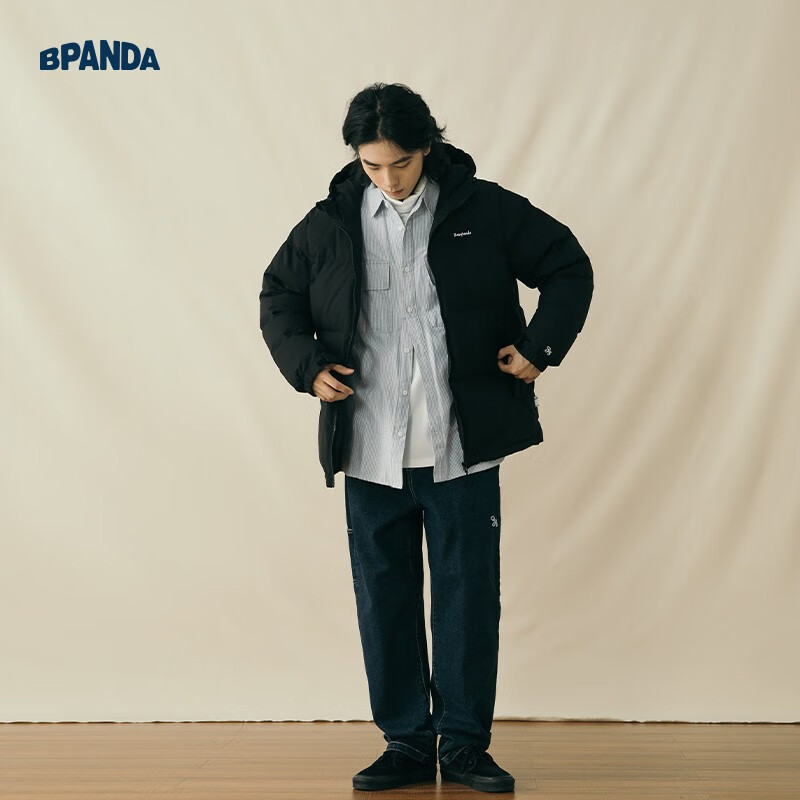 熊猫·本(ben.panda)羽绒服男潮流新款日系防泼水宽松休闲连帽80%白鸭绒保暖外套 黑色 L