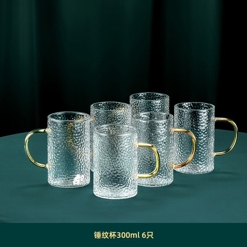 樊御品牌高级感锤纹玻璃杯家用带手柄喝水杯待客茶杯简约客厅杯子套装