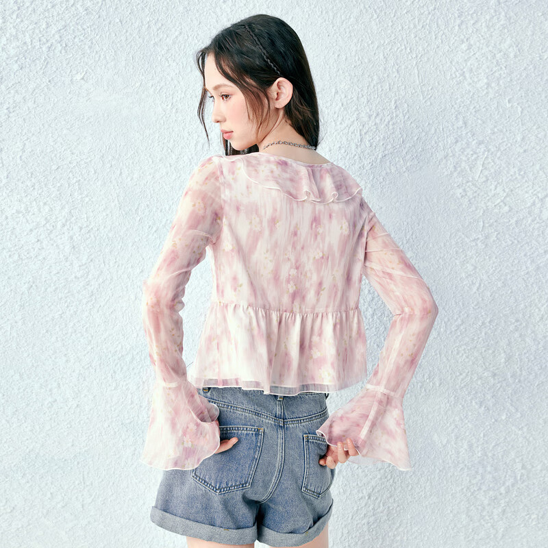 乐町甜美浪漫肌理感清透印花木耳边衬衫夏季新款V领显瘦衬衣 彩色印花(现货) S