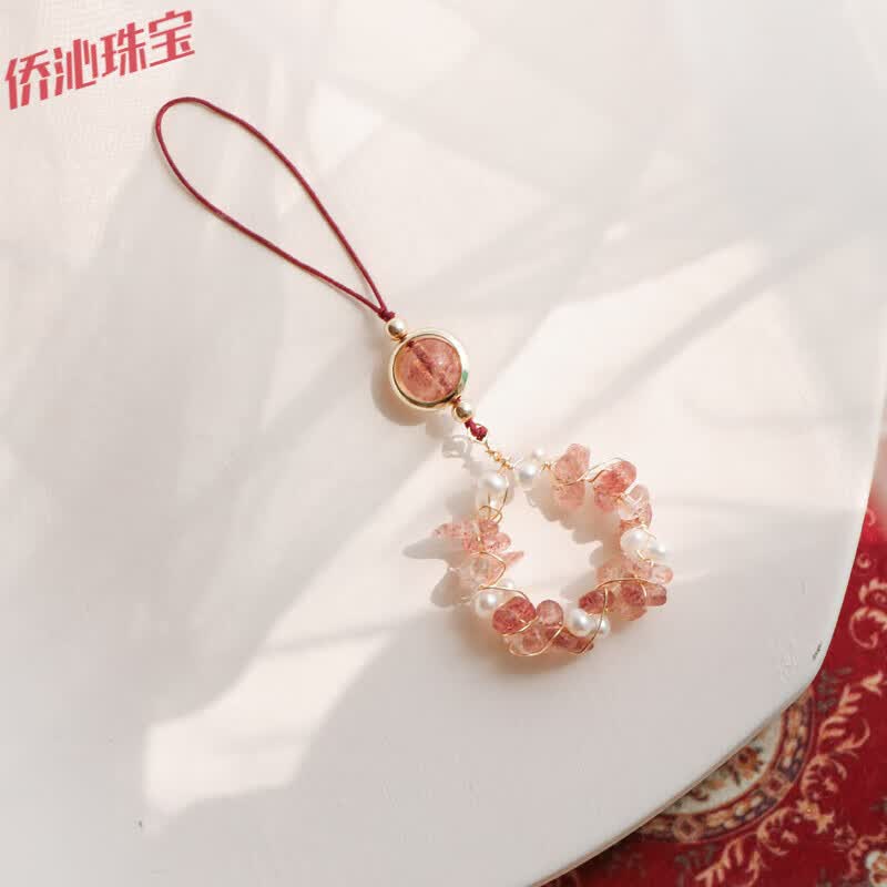 草莓晶水晶手机挂件粉晶桃花吊坠小饰品女ins挂饰钥匙扣链 单珠款