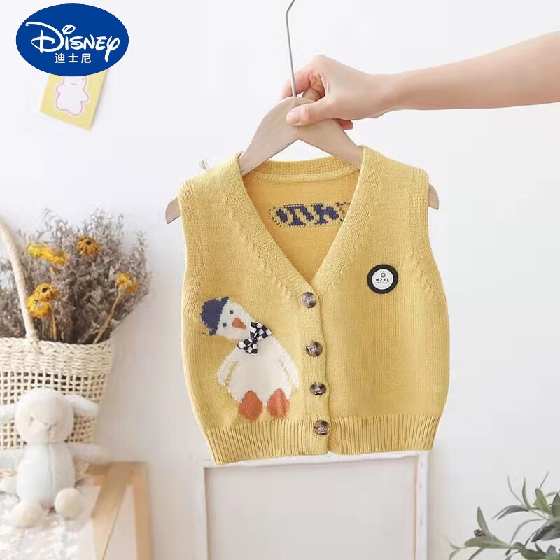 迪士尼（DISNEY）嬰兒馬甲春秋小月齡寶寶開衫卡通外穿針織小背心兒童馬夾坎肩薄款 黃色可愛鴨 130cm適合120-130cm年齡7-8歲