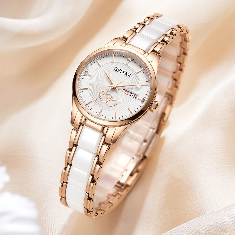 格玛仕女士手表新款女表前十大防水国表品牌名表高档气质腕表日历石英表 精钢陶瓷款【礼盒两件套+手镯】