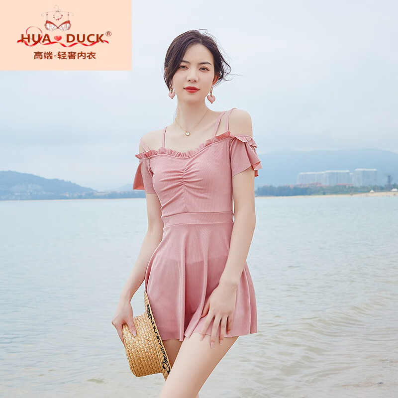 duck品牌轻奢国际大码女式泳衣ins风显瘦遮肩保守温泉连体裙泳装