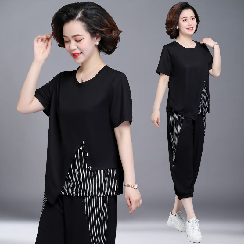 t恤汗衫妈妈夏装套装洋气中年上衣服40岁50中老年女士夏天短袖t恤两