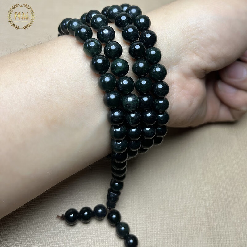 精品手链天然蛇纹西瓜皮冰黄翠绿念珠情侣百搭108手串 黑包公款(8mm)