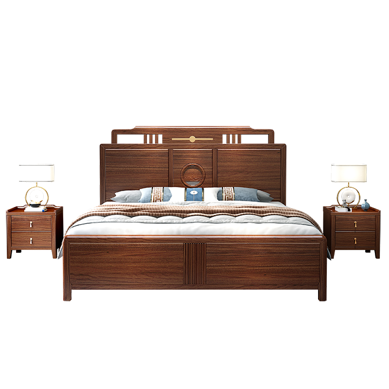 景腾 床 新中式爱里古夷苏木实木床1.8米主卧双人床现代简约单人床大床卧室家具 床+棕垫+床头柜x2(实木床头) 1.8米*2米高箱储物款