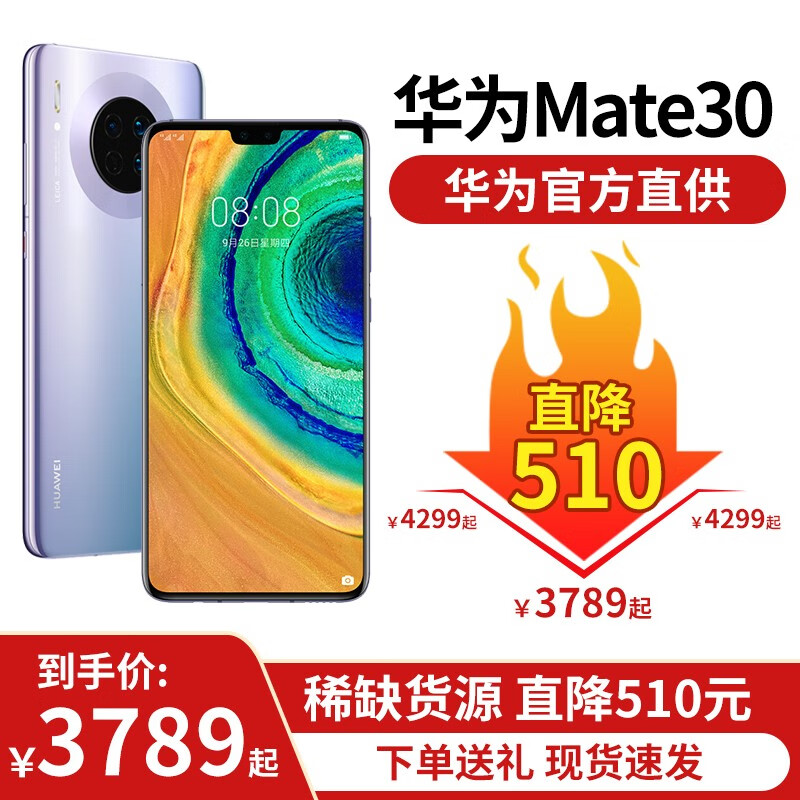 华为Mate30手机 4G/5G版 星河银（全网通） (8GB+128GB)4G版