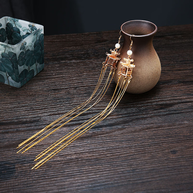 古风珍珠流苏耳环宫廷个性流苏配饰汉服耳坠女简约超仙古装饰品 凉亭