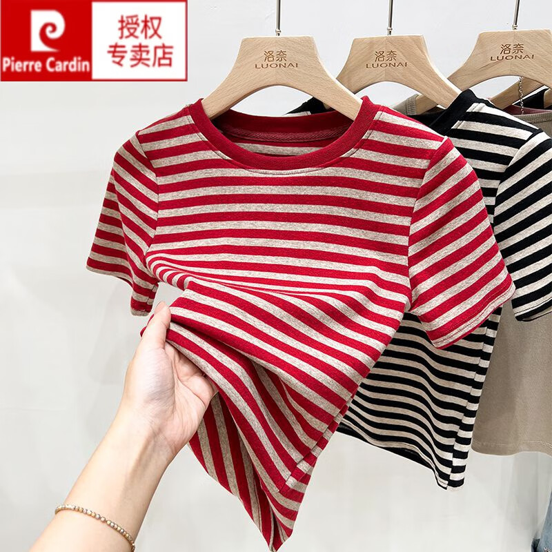 欧货条纹t恤女短袖夏季2024新款撞色独特别致纯棉修身上衣女体恤 红色