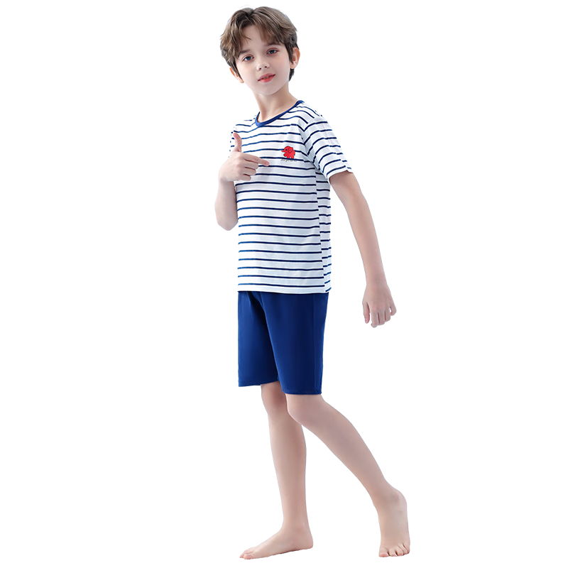 浪莎兒童睡衣男童夏季薄款青少年短袖短褲學(xué)生純棉家居服套裝 170