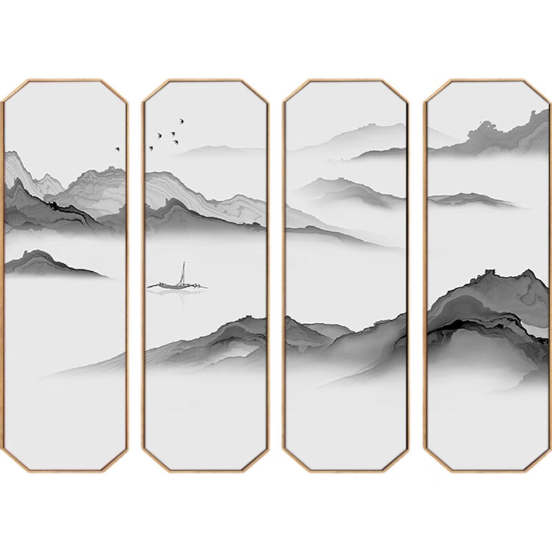 新中式装饰画四联客厅办公室公司沙发背景墙挂画茶室水墨山水壁画 d款