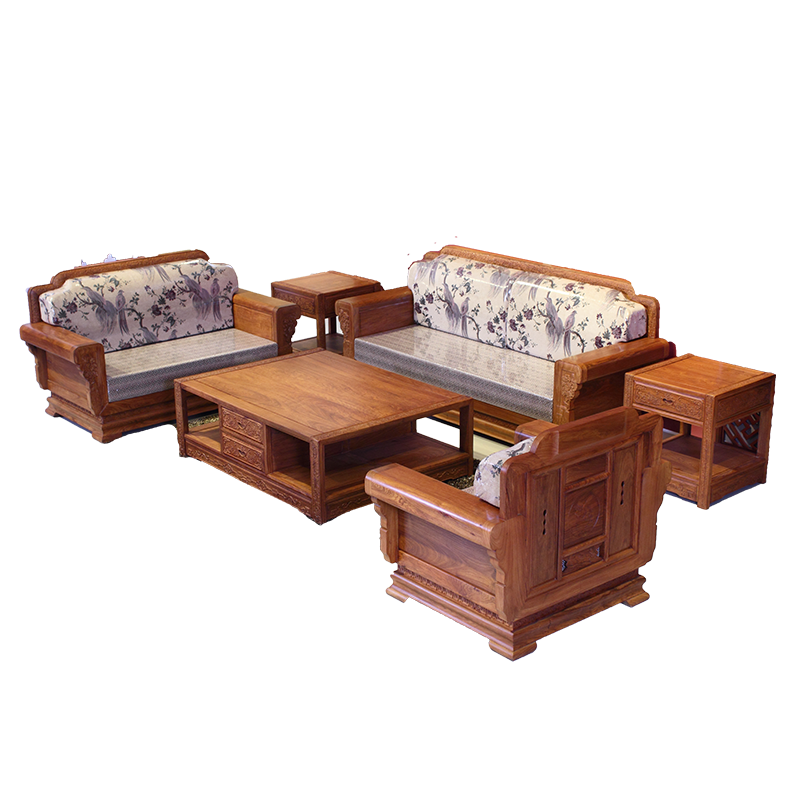 木中央 红木家具 非洲花梨 学名:刺猬紫檀沙发 全实木沙发客厅套装新中式软体沙发茶几组合123六件套 沙发单人+双人+三人+大茶几+小茶几+小茶几