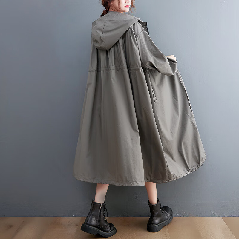新款时尚风衣长袖胖m春夏2023百搭连帽上衣大l码显瘦长款外套女 灰色