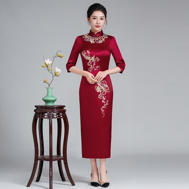 玫芙娜旗袍复古高贵中国风刺绣婚礼妈妈醋酸春秋新款喜婆婆时尚旗袍礼服 酒红色 XL属于什么档次？