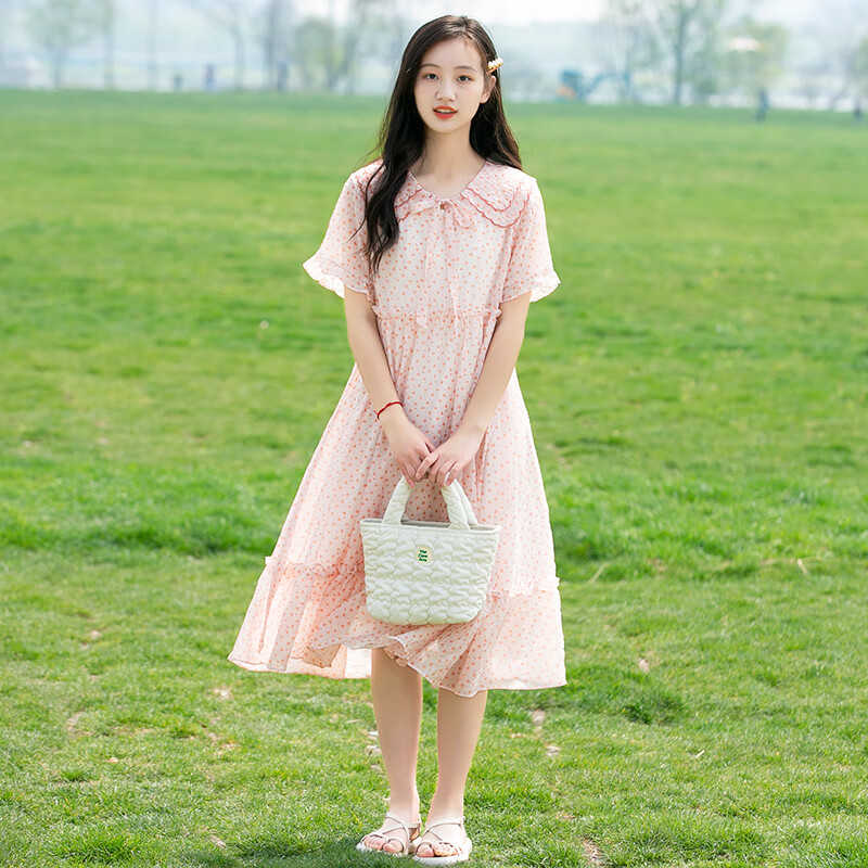 姑娘初中学生连衣裙夏季少女大童高中女生夏装甜美气质碎花雪纺长裙子