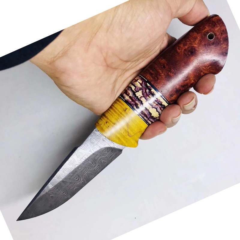 雨轩户外手工锻造户外用刀大马士革钢刀工艺小刀直刀金丝虎纹枫木手柄