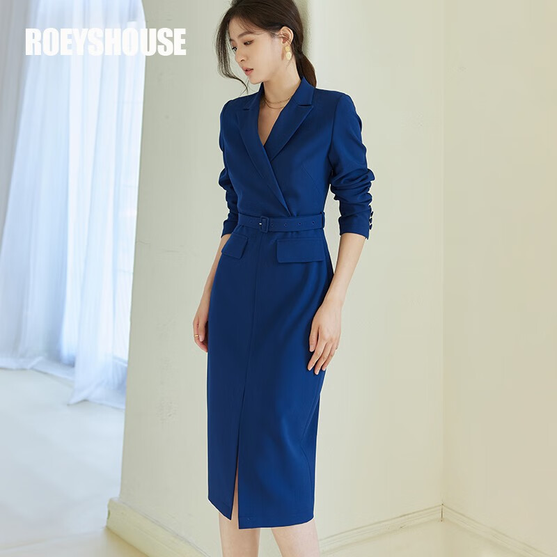 罗衣知性深蓝色西装连衣裙女秋装新款气质系带开叉裙子07495 深蓝色 s
